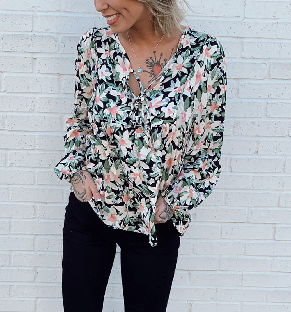 Floral Tie Neck Blouse Ruffle Long Sleeve Relaxed Fit