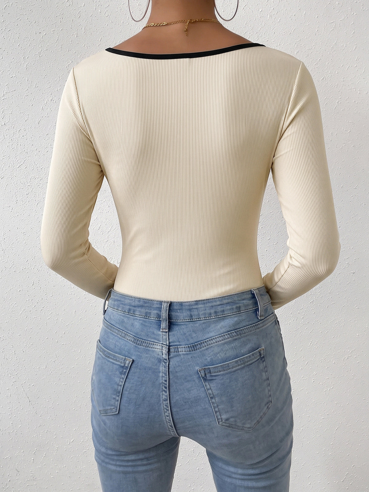Women's Ribbed Long Sleeve Bodysuit Contrast Trim V Neck