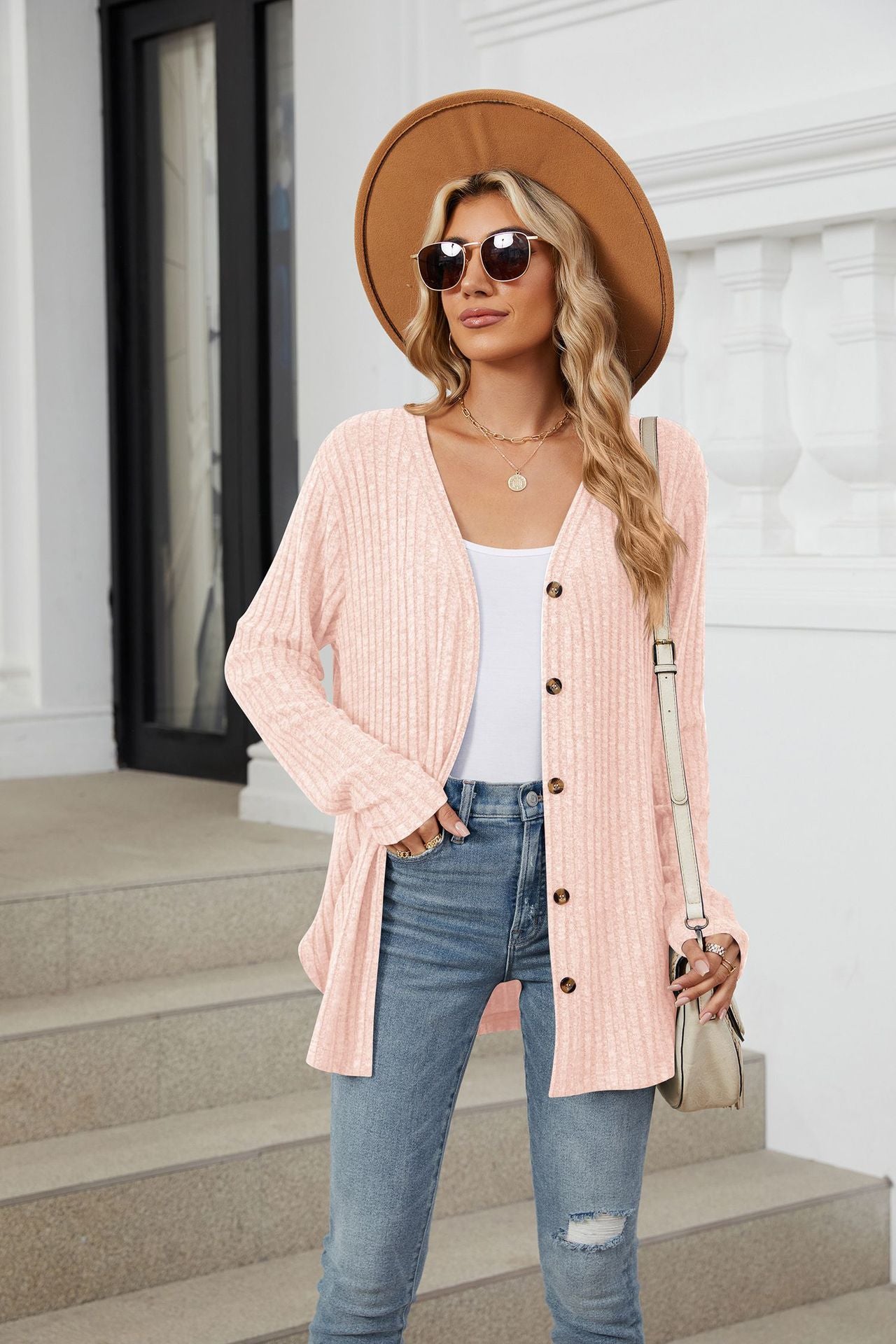 Solid Color Long Sleeve Button Cardigan Knitted