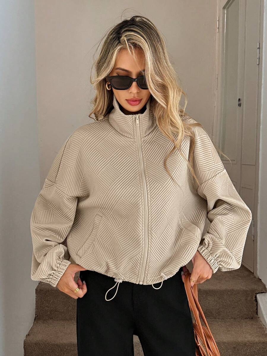 Textured Polyester Jacket Casual Bomber Oversized Zip Up