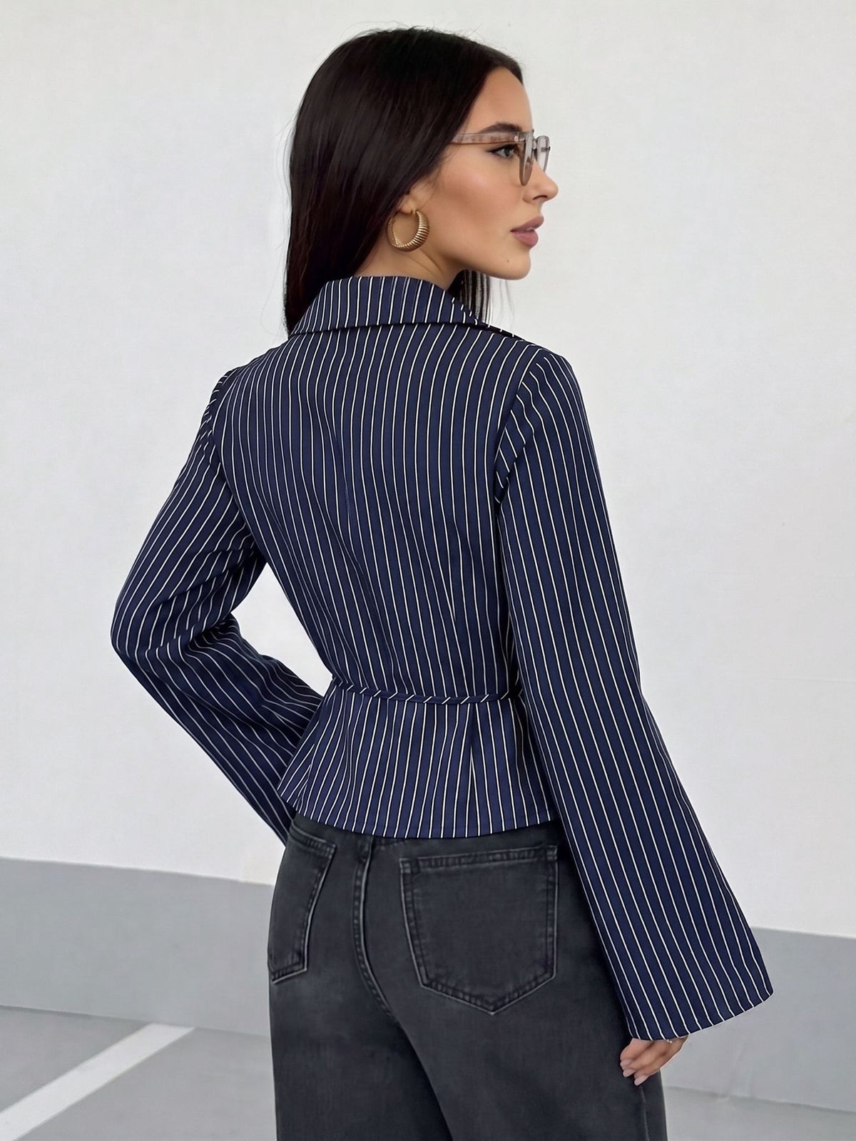 Striped Bell Sleeve Wrap Blouse Tie Waist Top