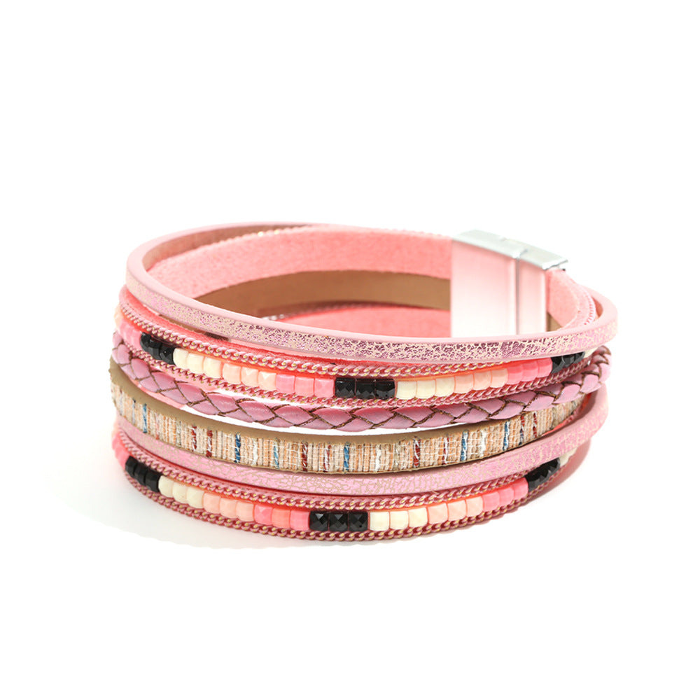 Boho Multi Layer Leather Wrap Bracelet with Magnetic Clasp