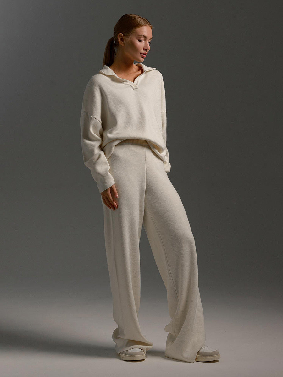 Polo Collar Knit Sweater Wide Leg Pants Set