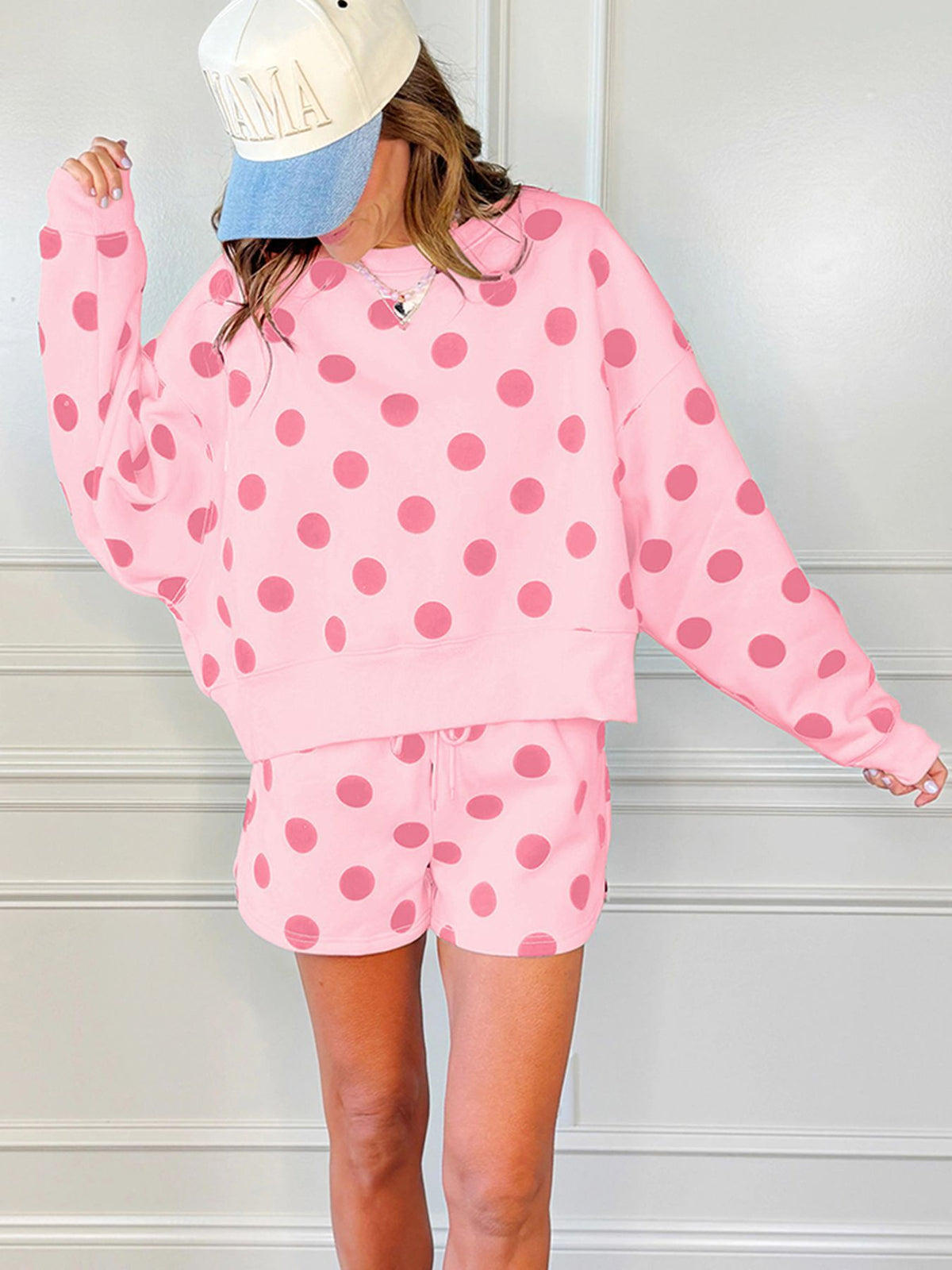 Polka Dot Crop Sweatshirt & Shorts Matching Set