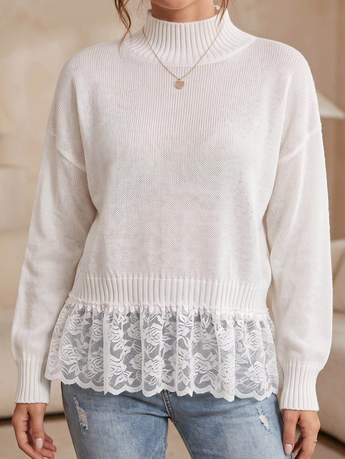 Oversized Layered Lace Hem Turtleneck Sweater