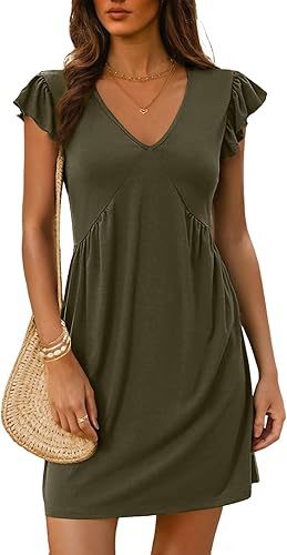 V Neck Flutter Sleeve Ruched Mini Dress for Women