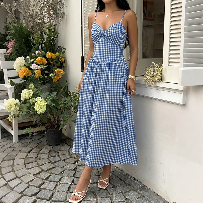 Gingham Midi Dress Cottagecore Bow Spaghetti Strap