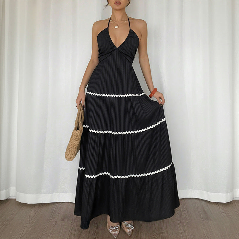Halter Neck Pleated Maxi Dress Sleeveless A Line