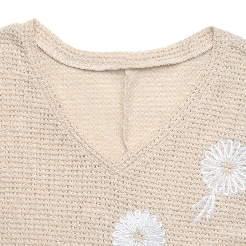 Floral Embroidered V Neck Waffle Knit Half Sleeve Top