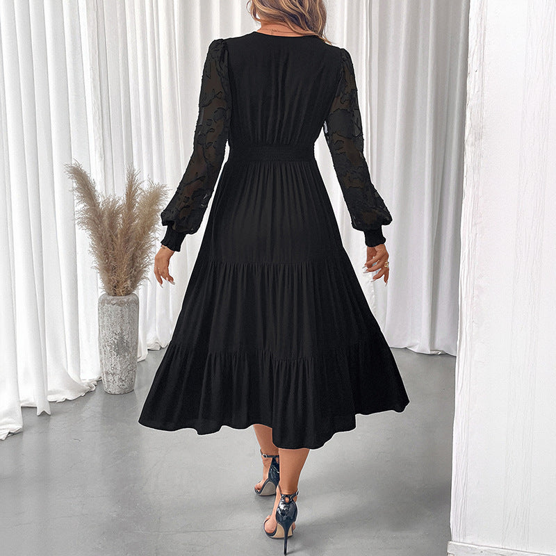 Elegant V Neck Lace Long Sleeve Black Midi Dress