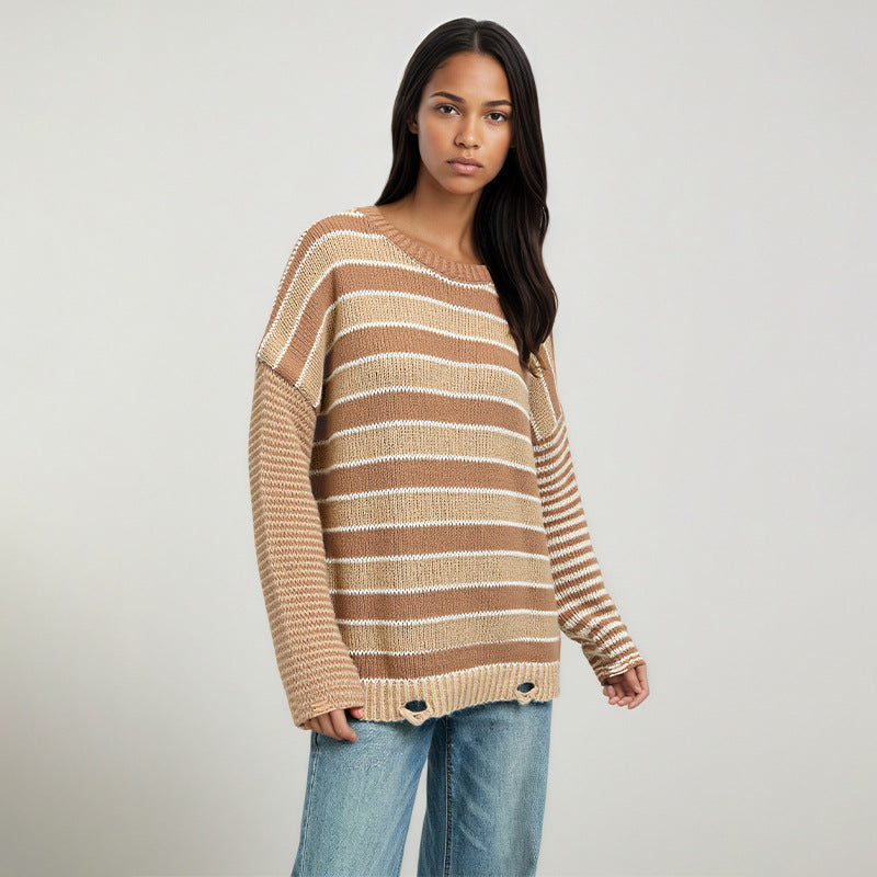 Oversized Striped Crew Neck Chunky Knit Sweater