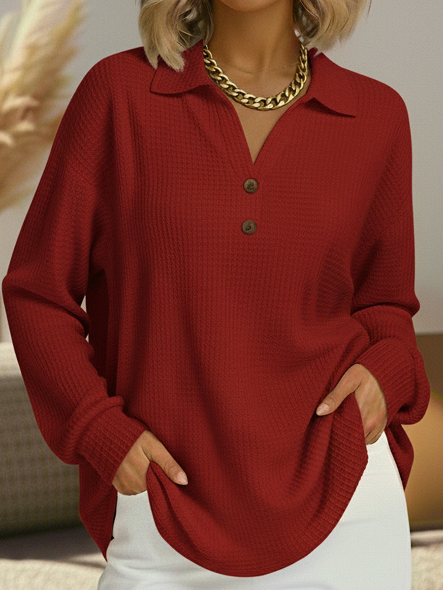 Women’s Waffle Knit Henley Top Collared V Neck Long Sleeve Pullover