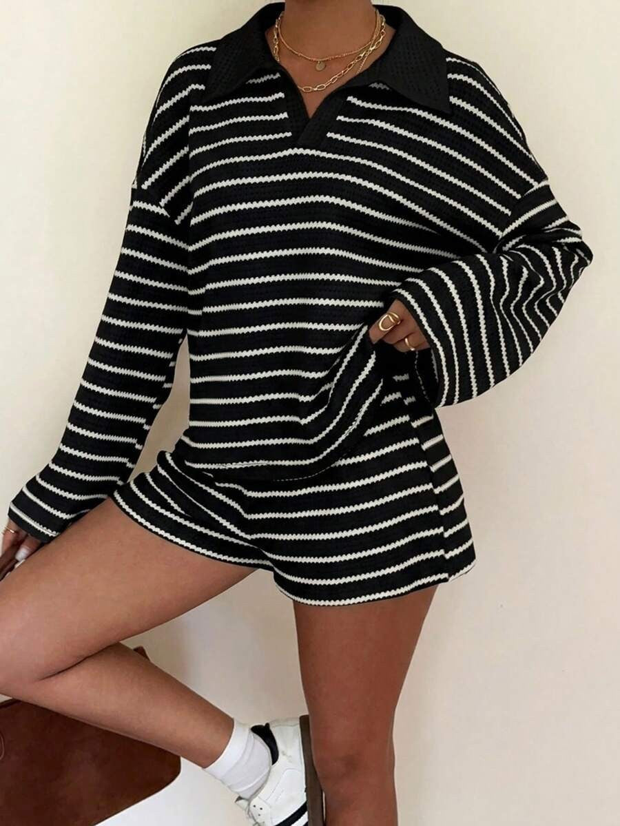 Striped Polo Lounge Set Resort Textured Collared Oversized