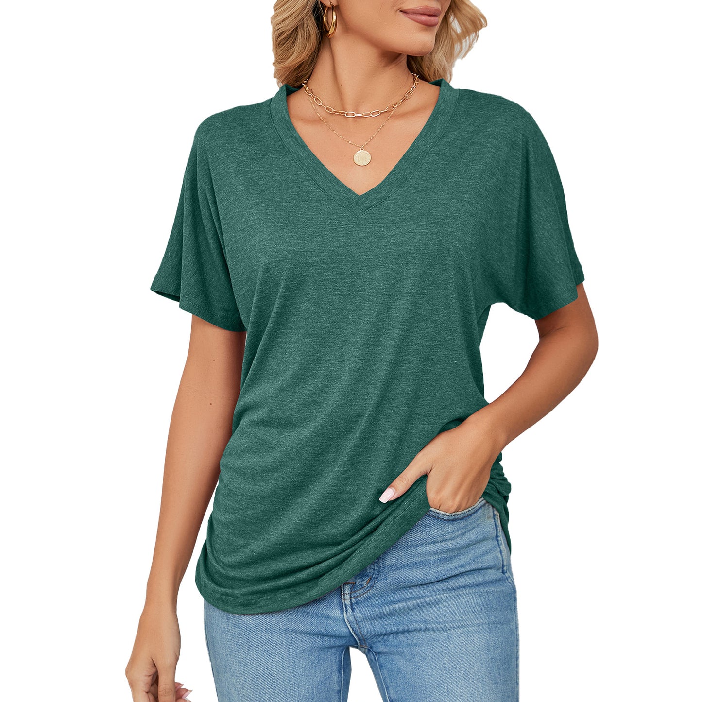 Basic V Neck Short Sleeve T Shirt Women Soft Loose Fit Casual Everyday Essential Top