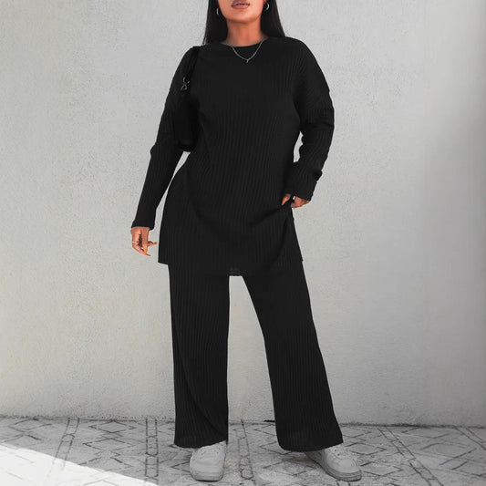 Plus Size Ribbed Knit Lounge Pants Set