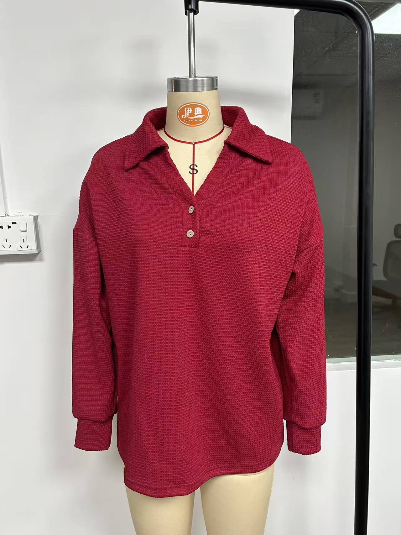 Women’s Waffle Knit Henley Top Collared V Neck Long Sleeve Pullover
