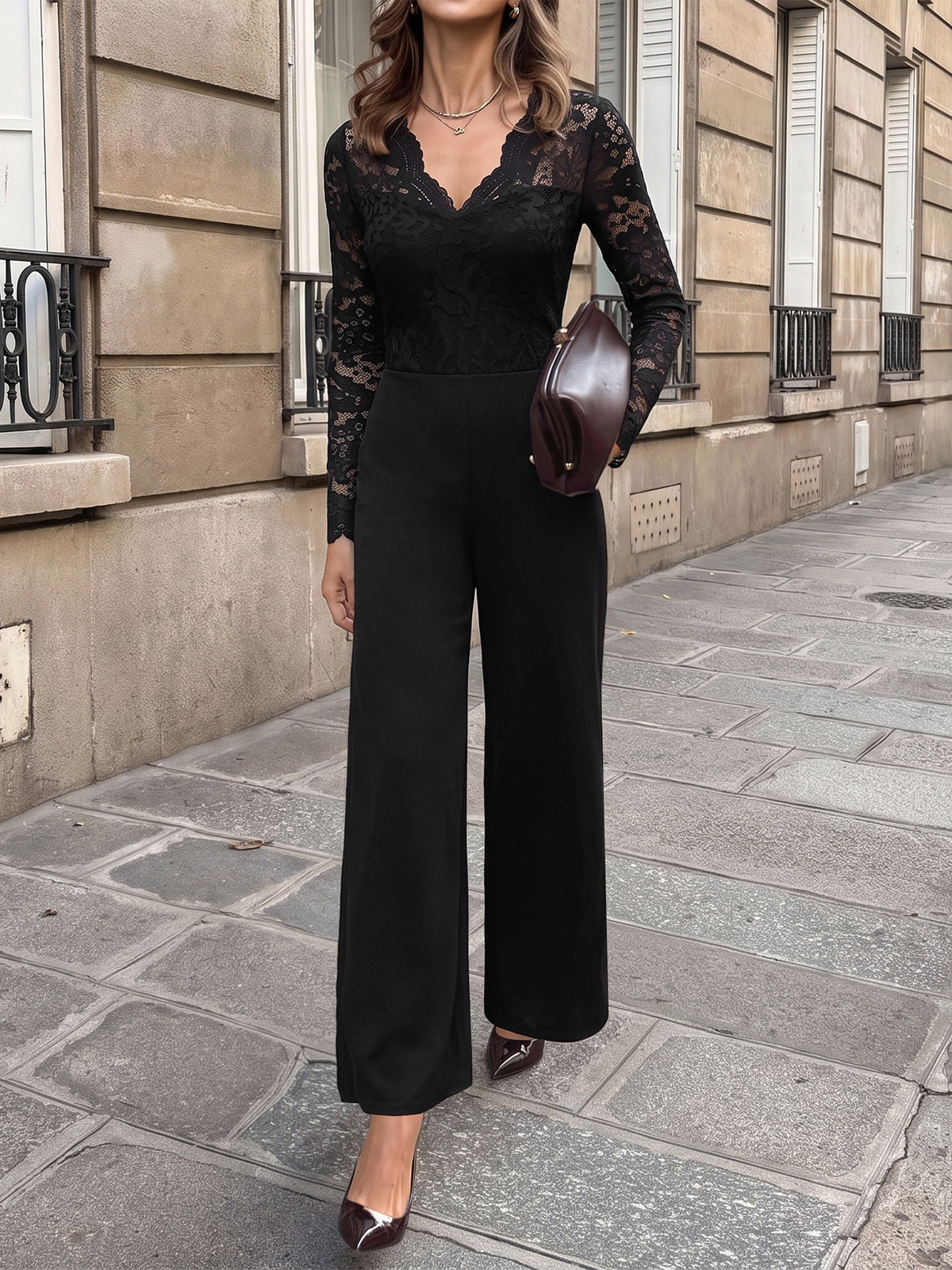 Black Lace V-Neck Wide Leg Jumpsuit Long Sleeve