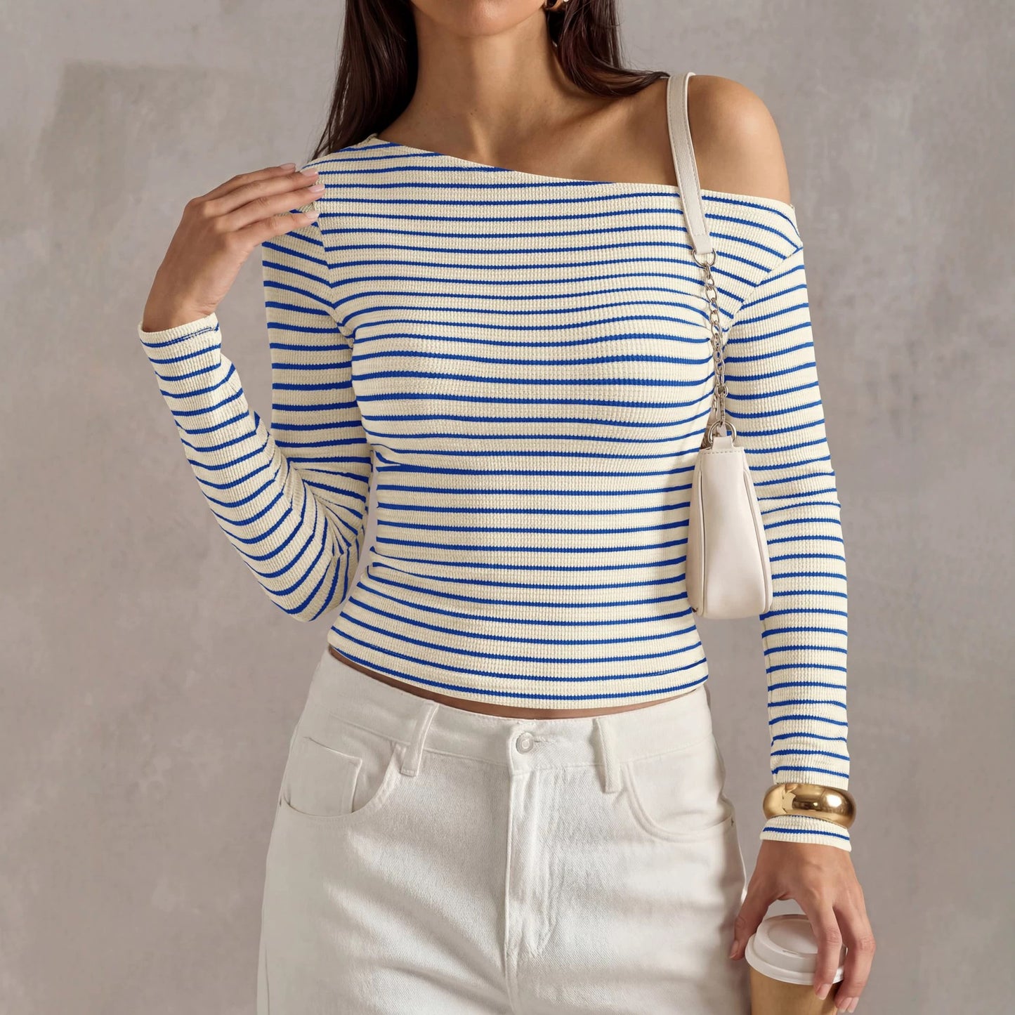 Ribbed Off Shoulder Striped Long Sleeve Knit Top