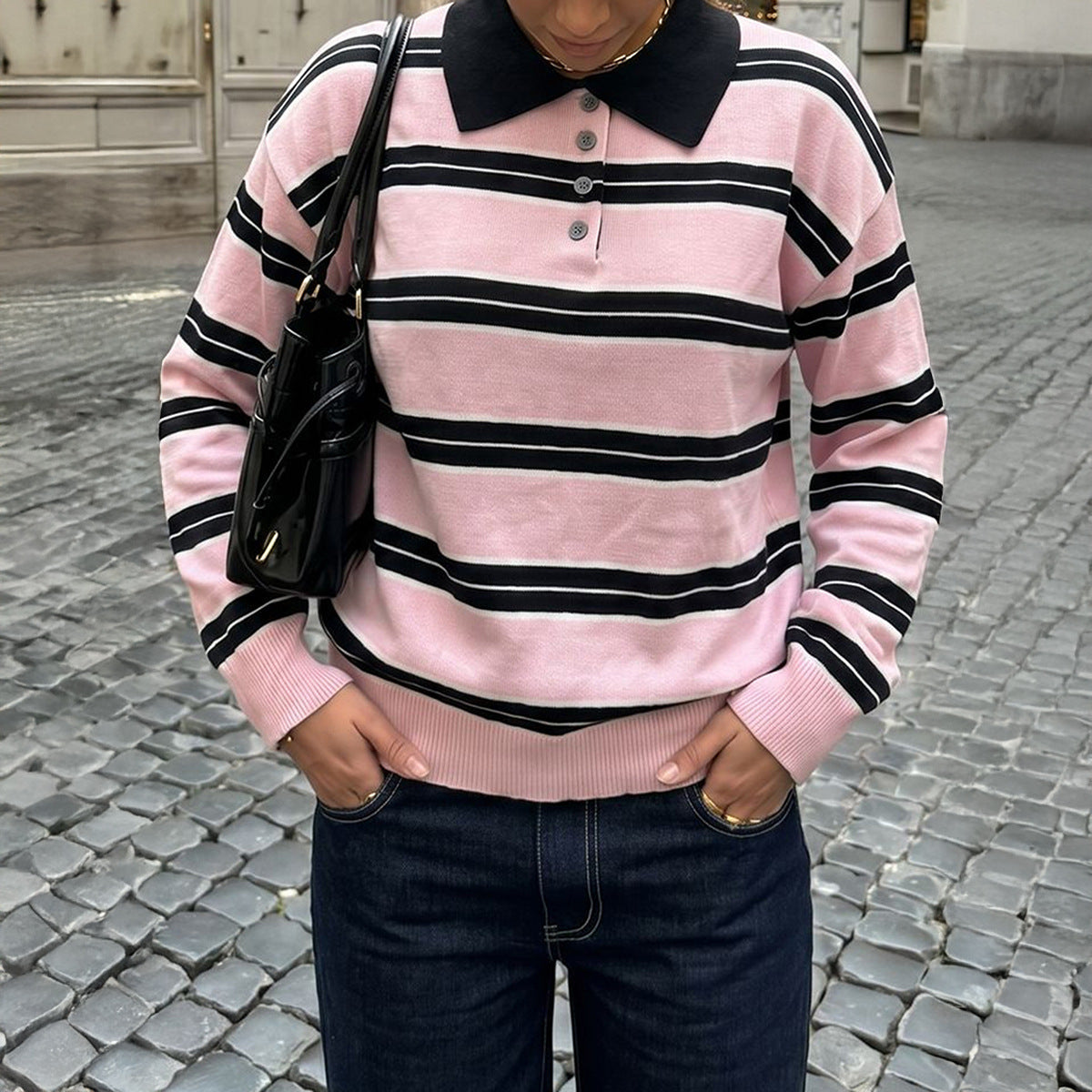 Women's Pink Striped Polo Sweater Long Sleeve Knit Top