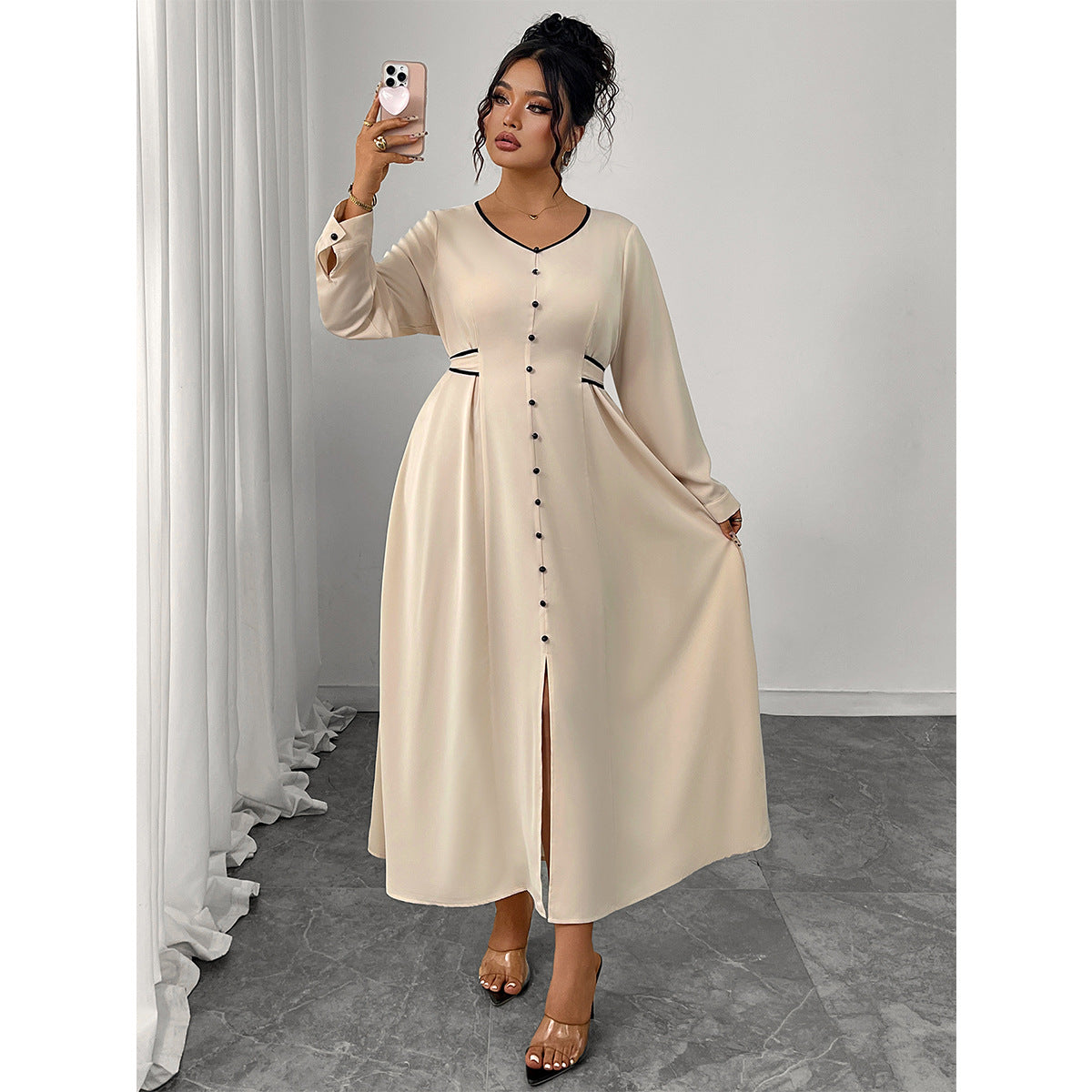 Plus Size Satin Button Front Belted Maxi Dress