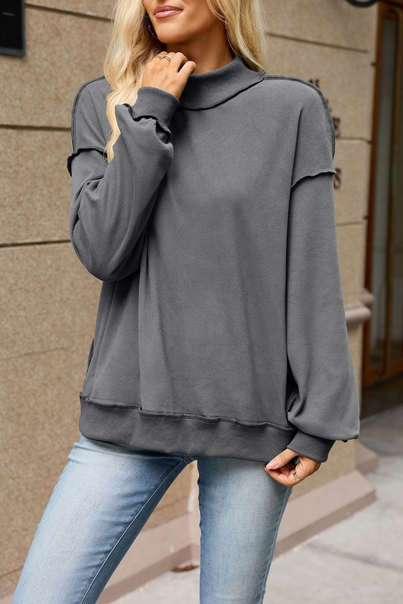Mock Neck Exposed Seam Oversized Sweatshirt