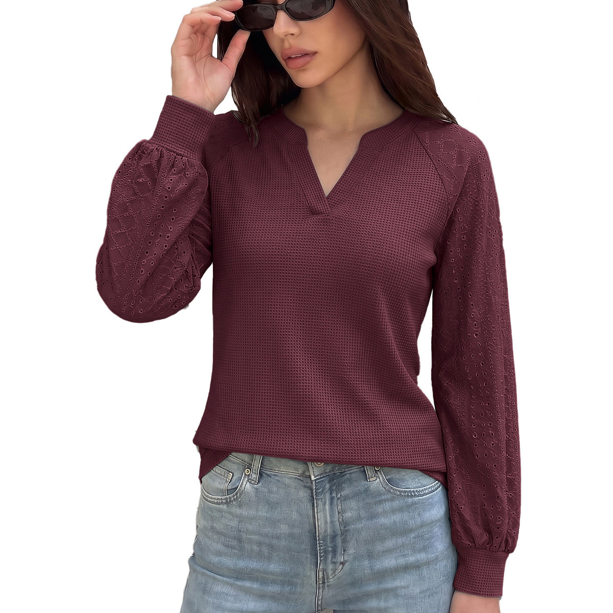 Women's Waffle Knit Eyelet Sleeve V Neck Top
