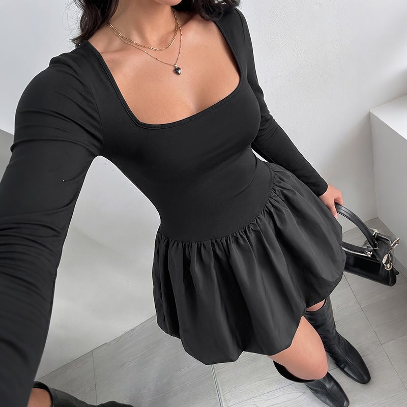 Square Neck Mini Dress Long Sleeve High Waist Casual Style