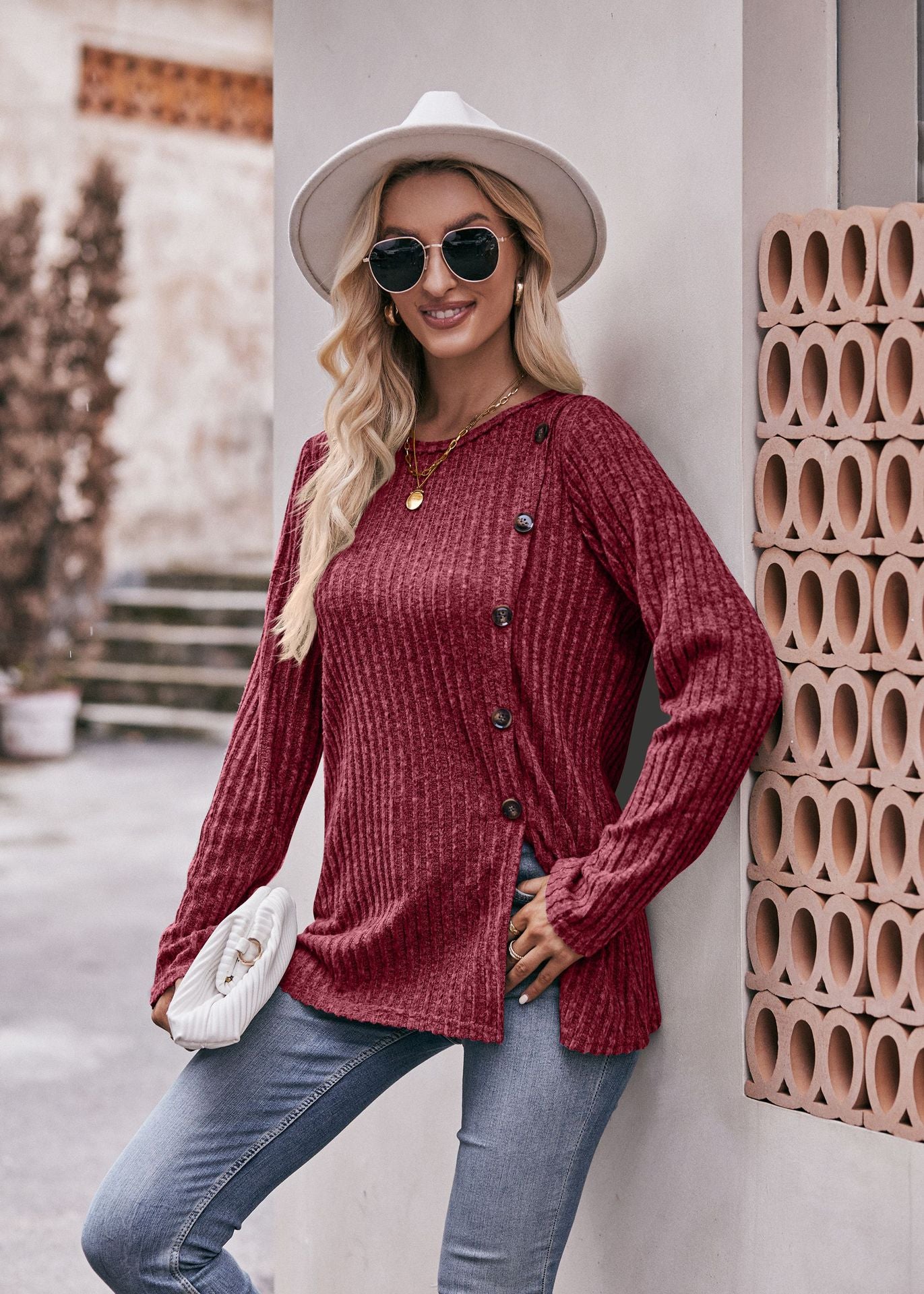 Women's Solid Color Crew Neck Slit Button
