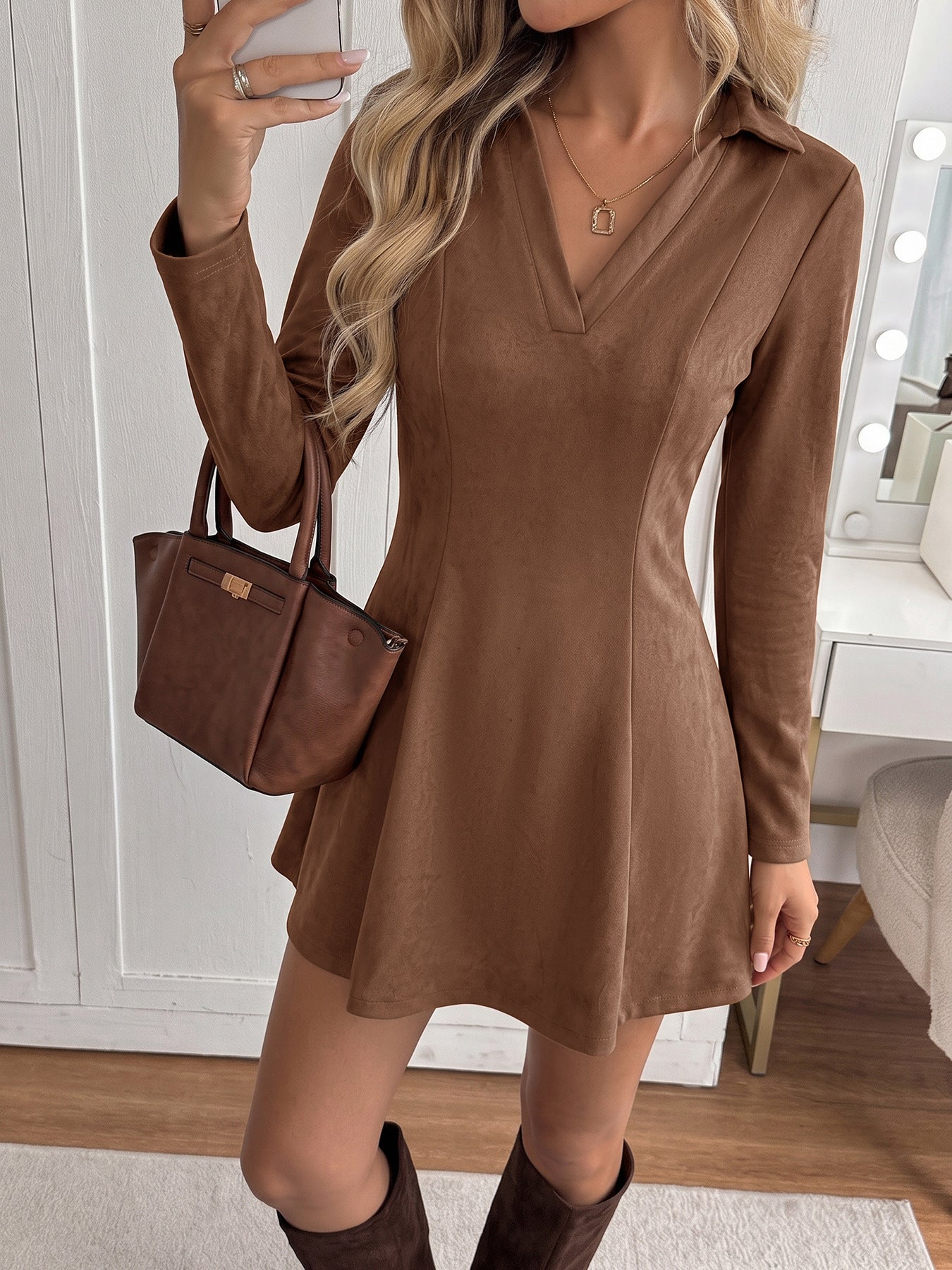 Solid Faux Suede Dress Vintage Collared Fit Flare
