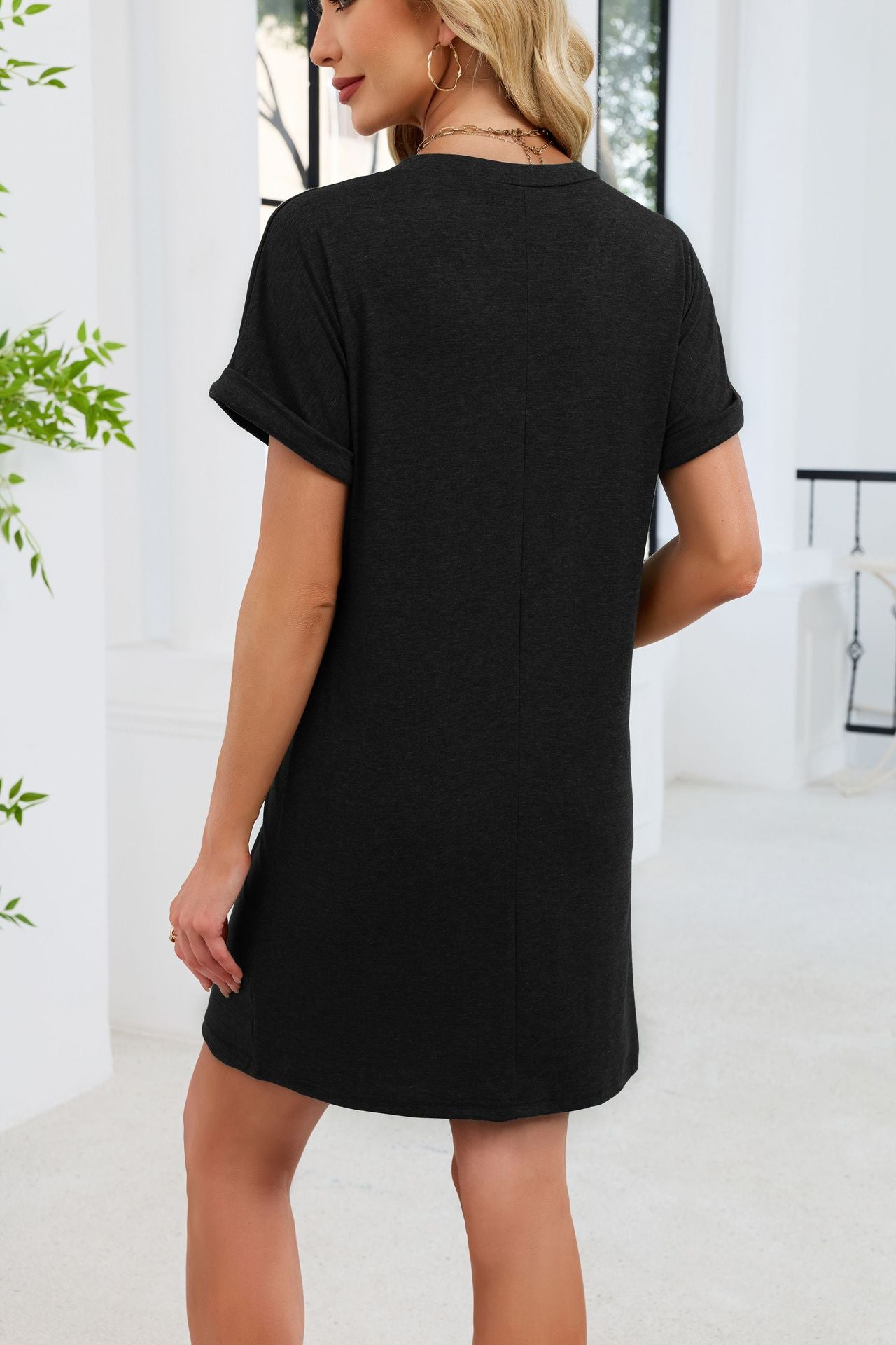 Casual V-Neck Short Sleeve Button Mini T-Shirt Dress