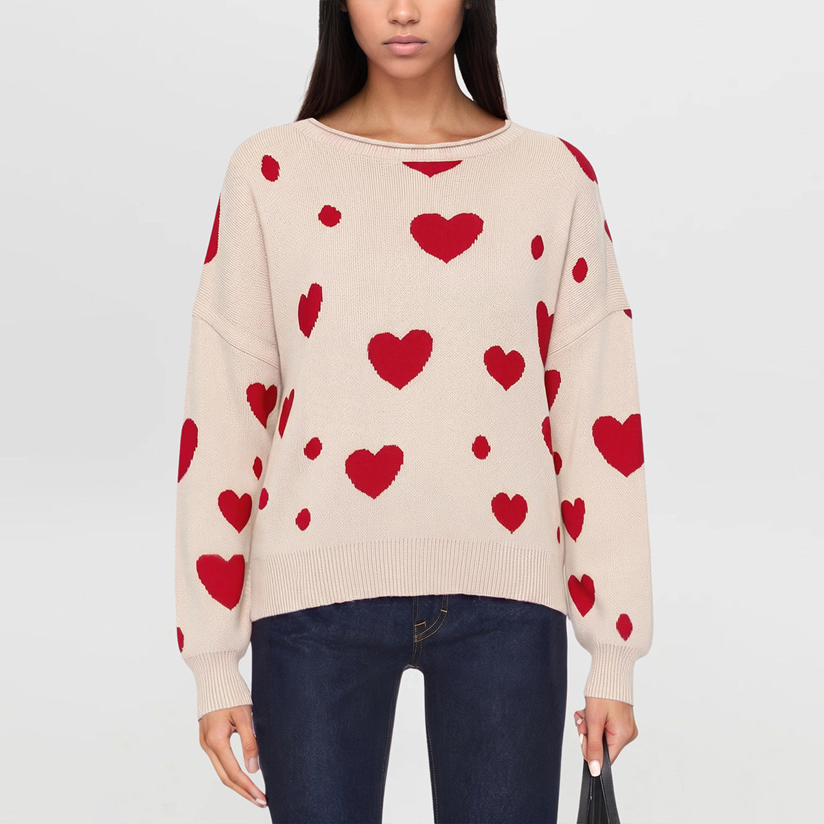 Women's Heart Print Oversized Crewneck Knit Sweater