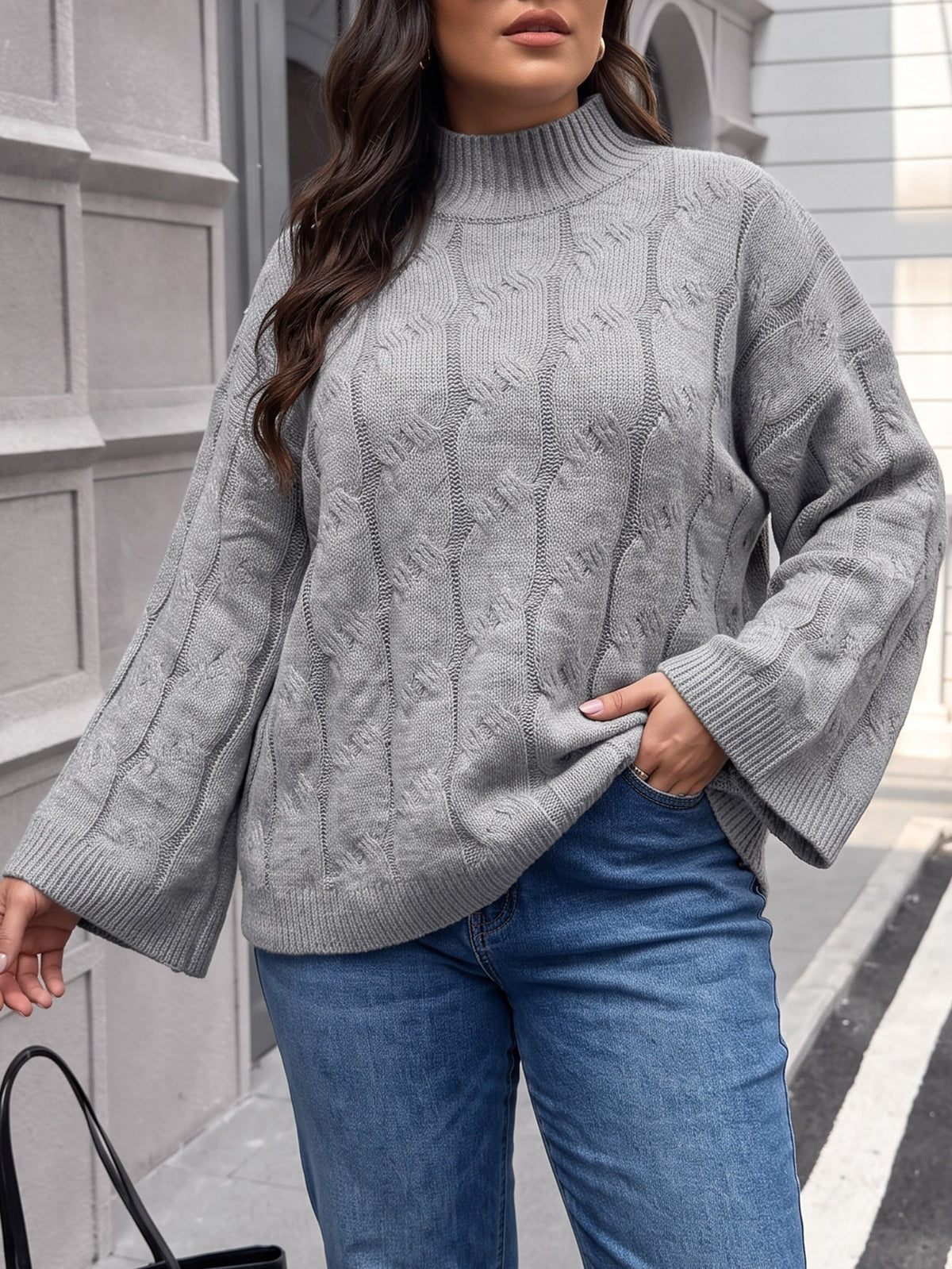Women's Oversized Cable Knit Mock Neck Bell Sleeve Sweater