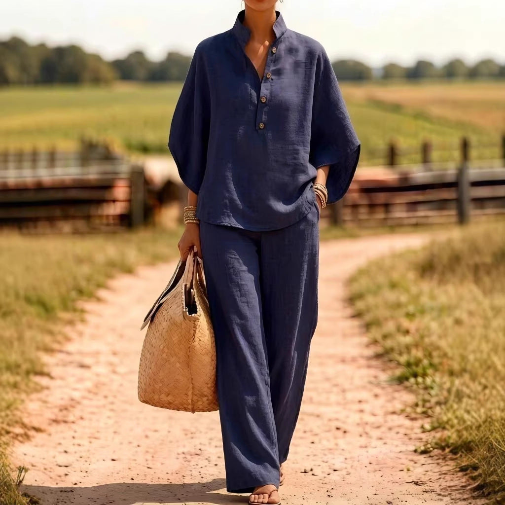 Solid Linen Blend Button Top Wide Leg Pant Set