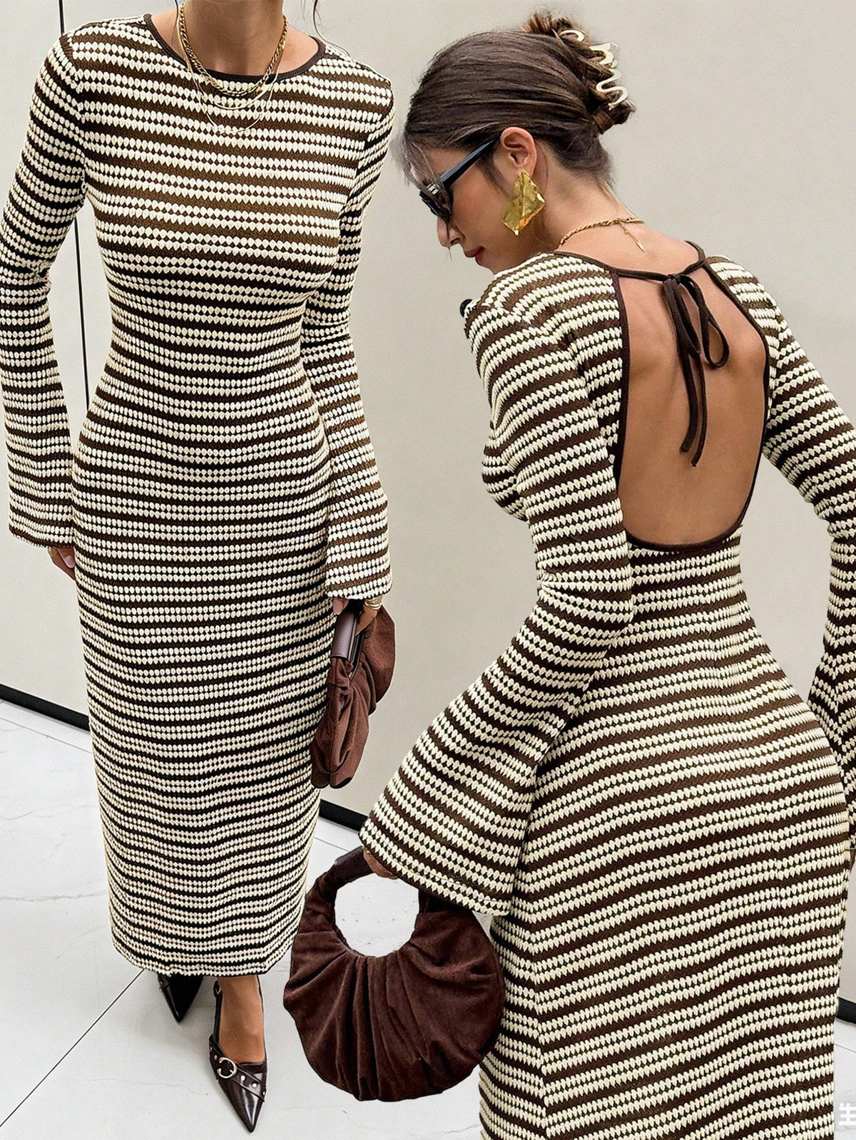 Striped Bell Sleeve Open Back Knit Maxi Dress