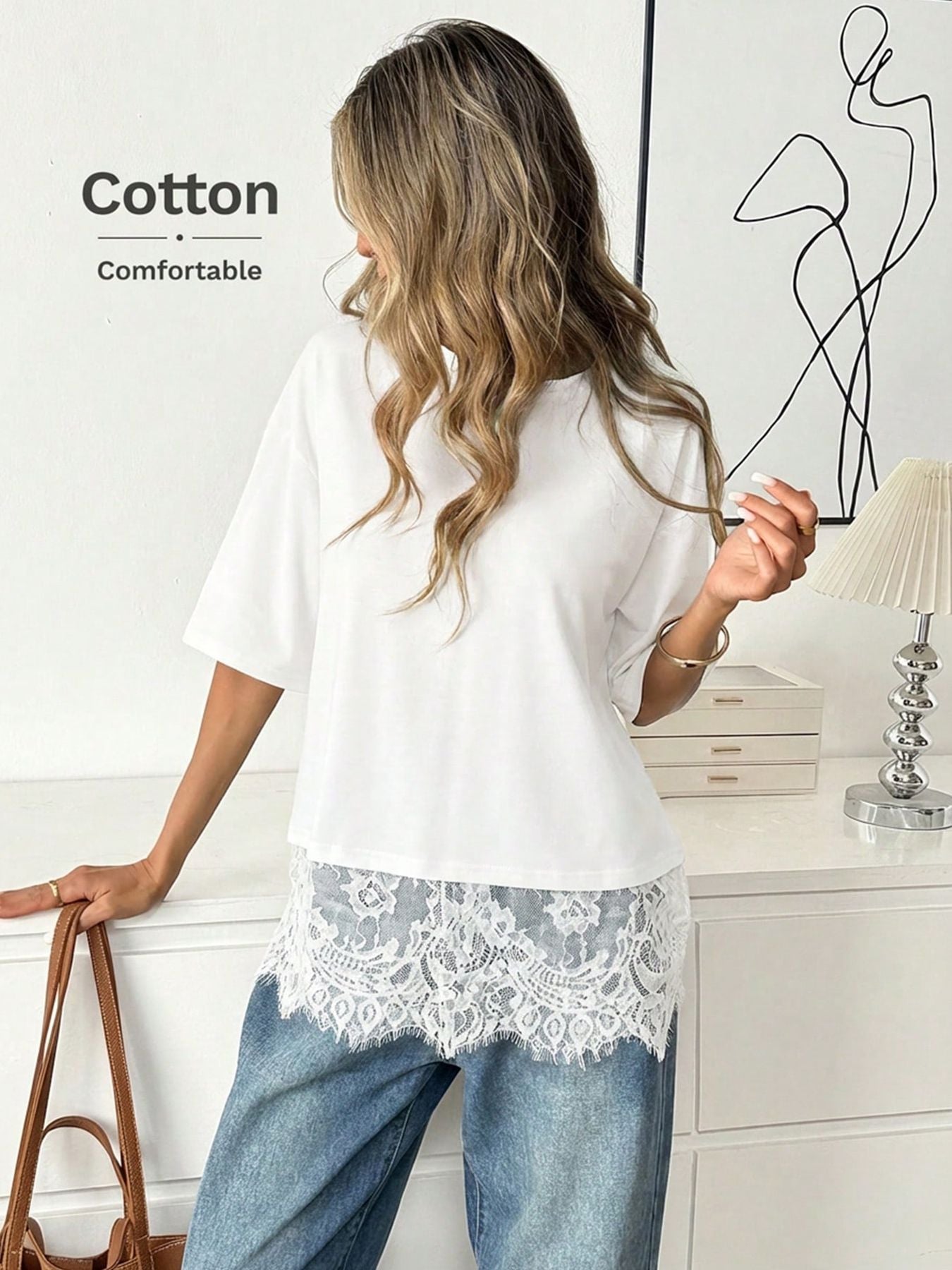 Women Lace Hem Loose Short Sleeve T Shirt