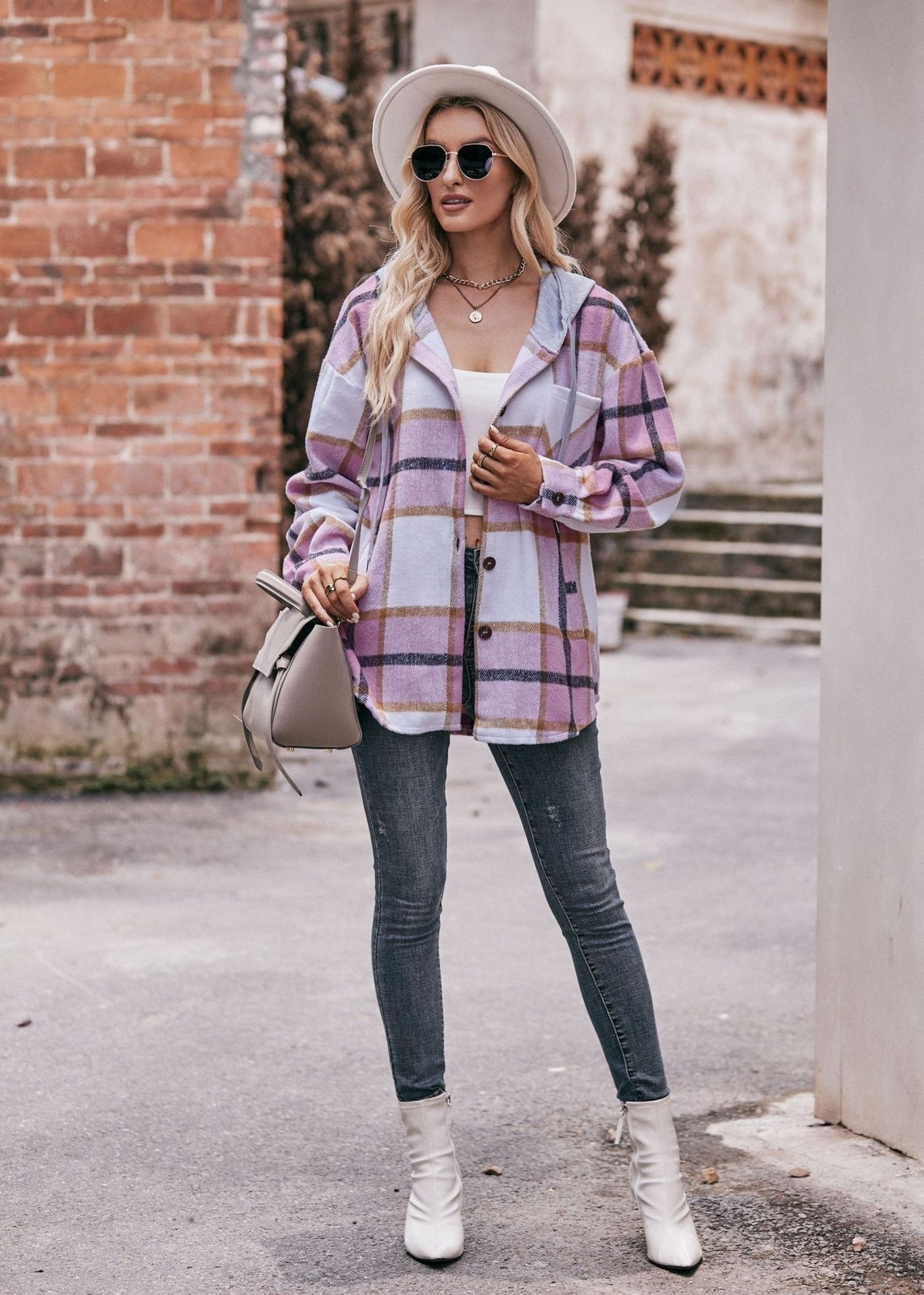 Women's Hooded Plaid Shacket Oversized Shirt Jacket