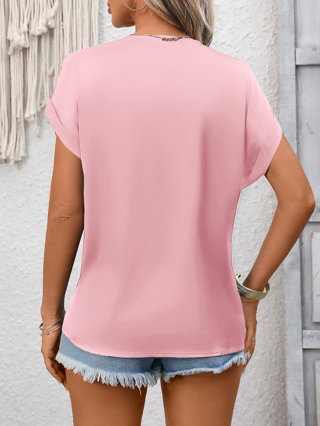 Lace Trim V Neck Satin Blouse Women Summer Short Sleeve Top