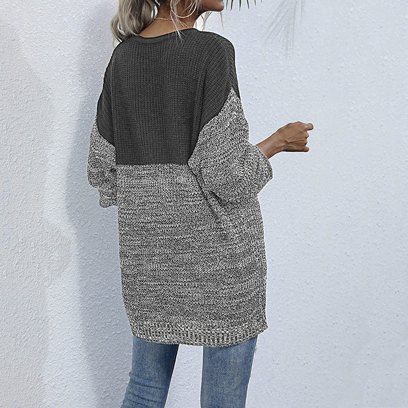 Color Block Round Neck Long Sleeve Knit Sweater Top