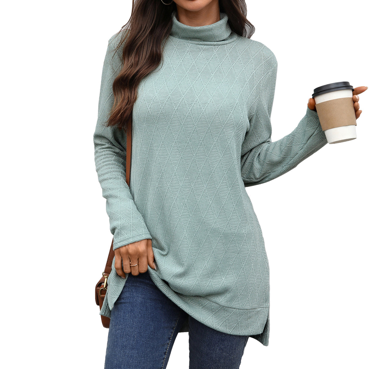 Oversized Turtleneck Long Sleeve Side Slit Tunic Top