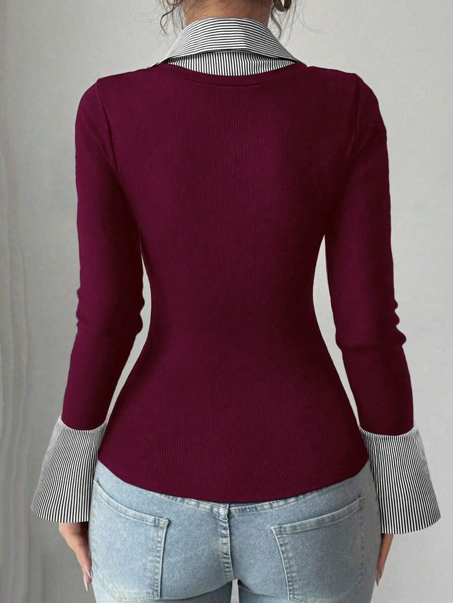 Office V Neck Layered Collared Knit Top Long Sleeve Tee
