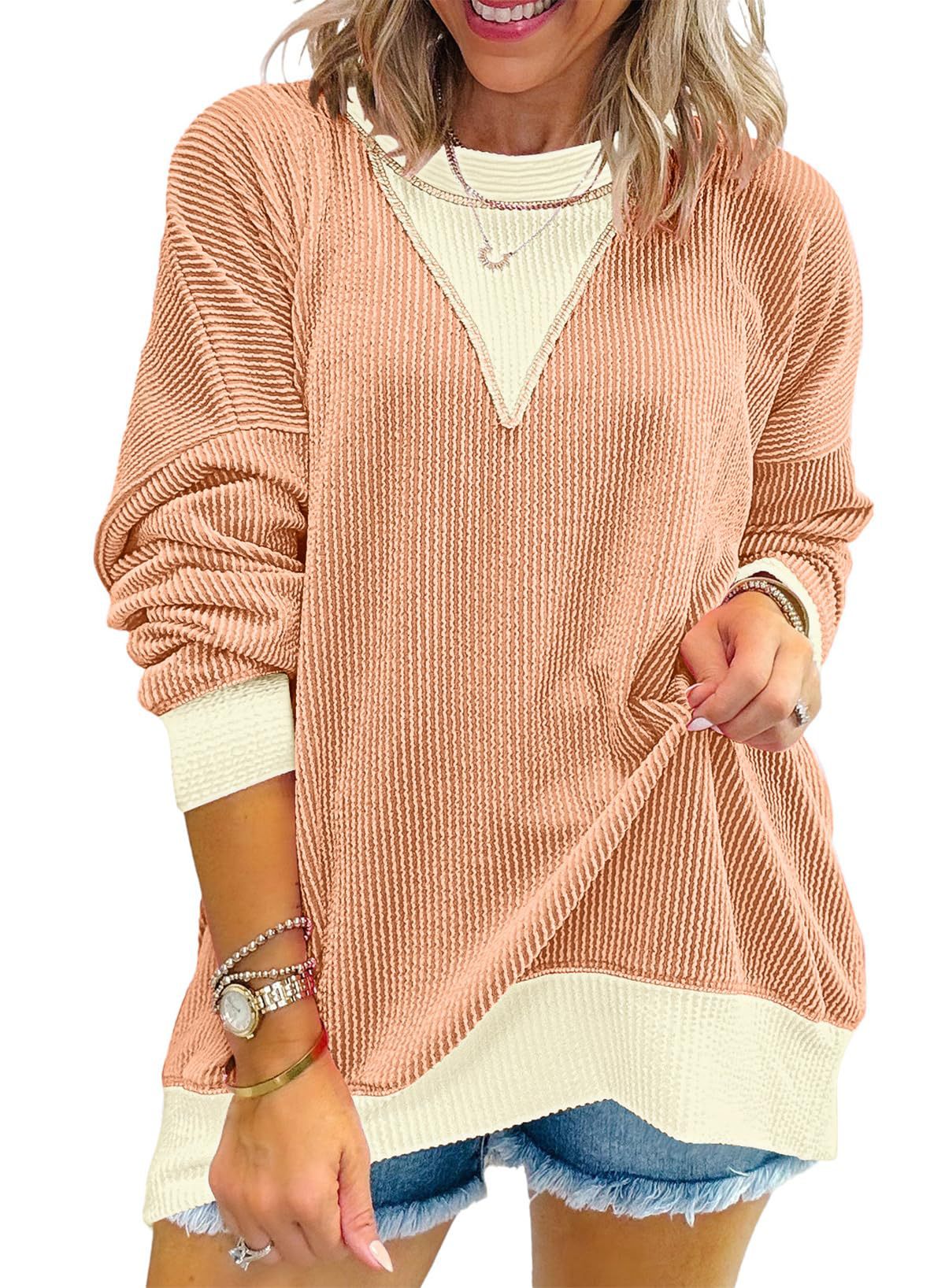 Colorblock Top Casual Waffle V-Neck Oversized
