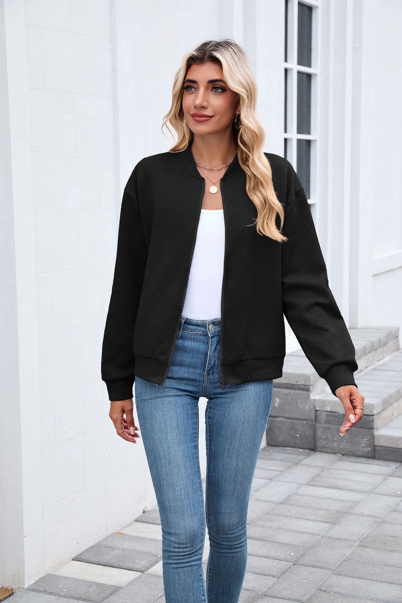 Quilted Zip-Up Bomber Jacket | Casual Long Sleeve Sweatshirt