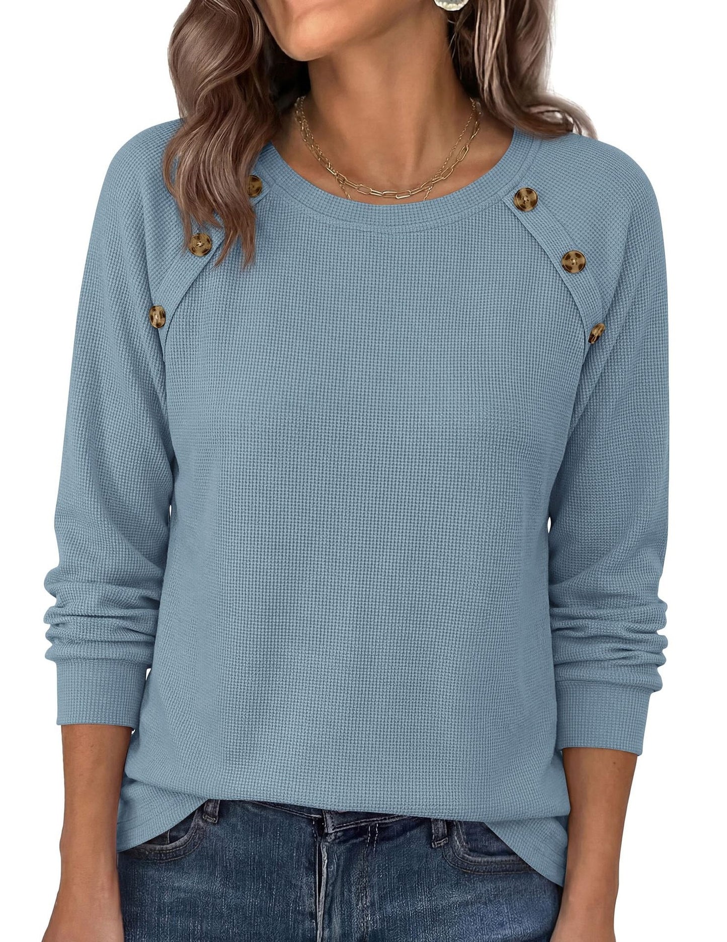Waffle Knit Button Detail Top Long Sleeve Casual Pullover