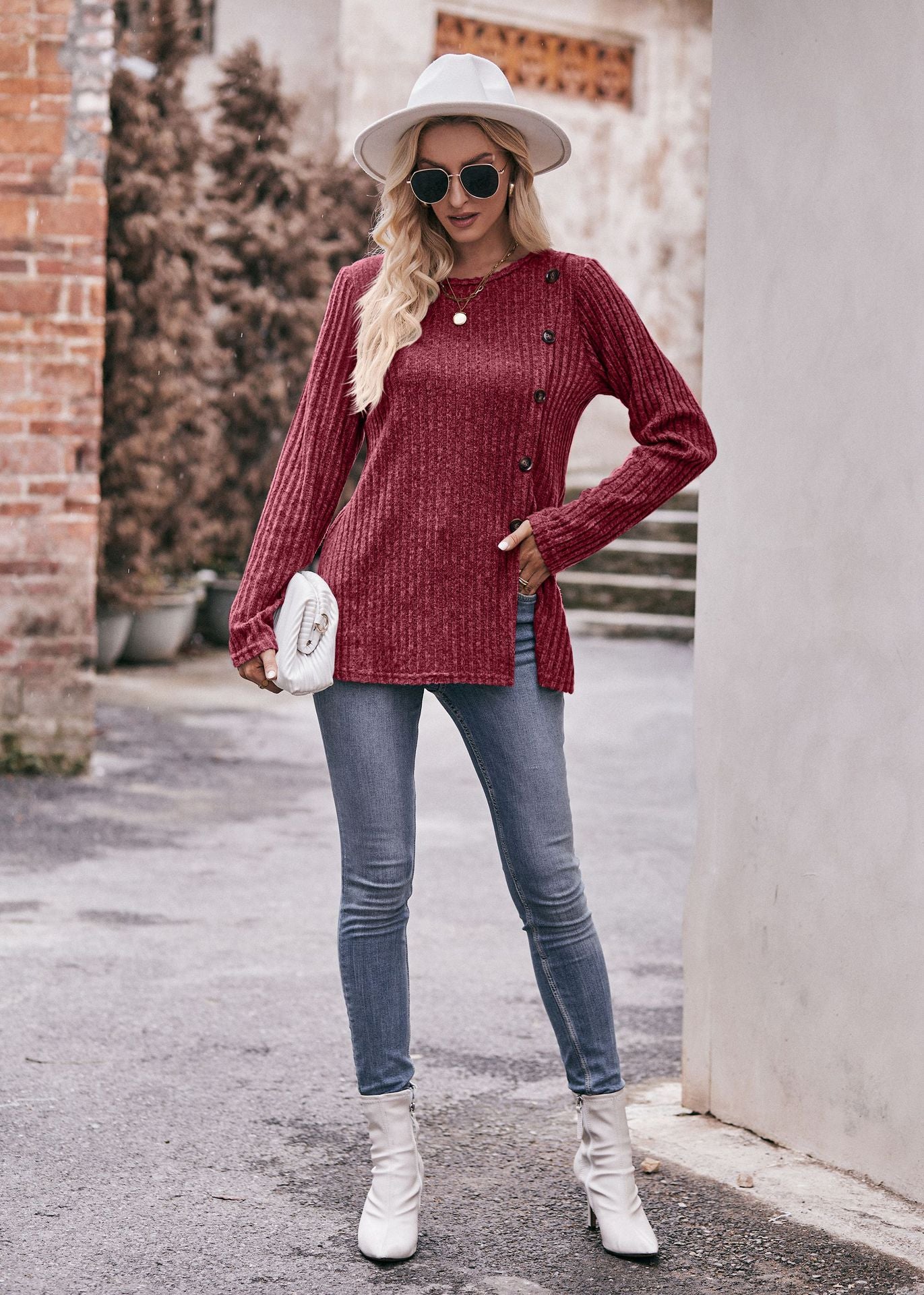 Women's Solid Color Crew Neck Slit Button