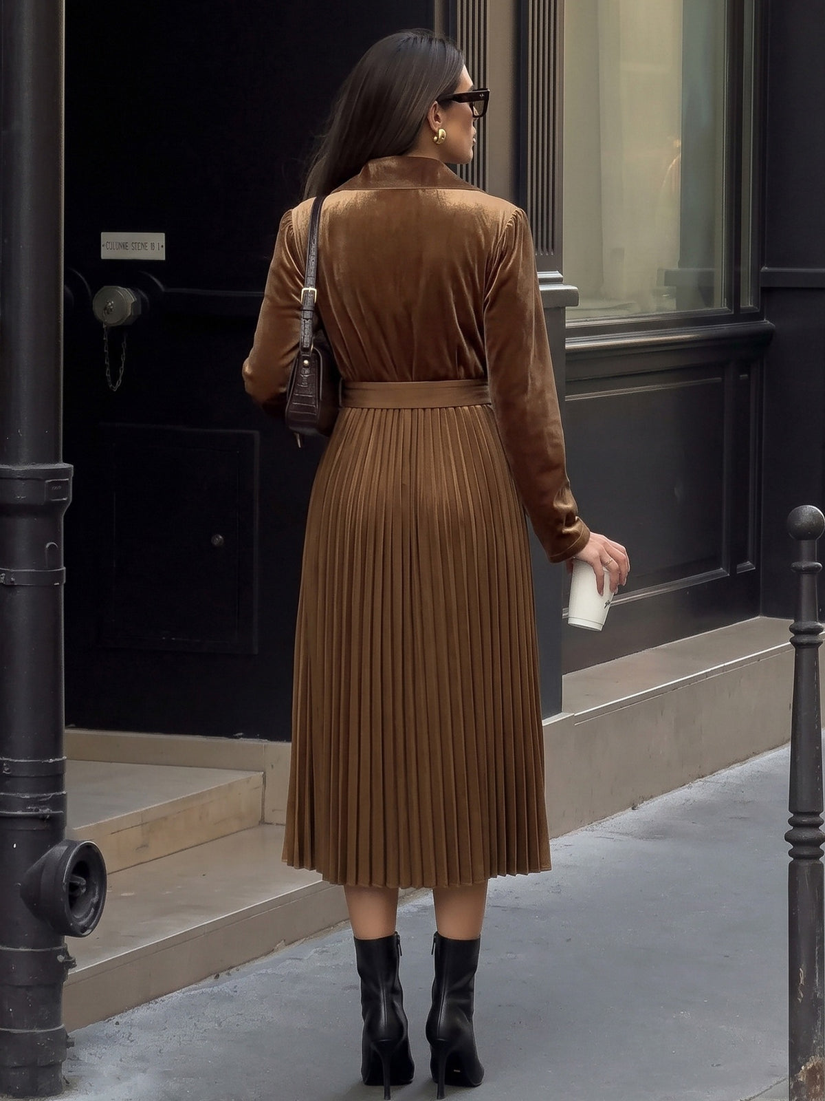 Velvet Pleated Midi Dress Long Sleeve Belted Lapel