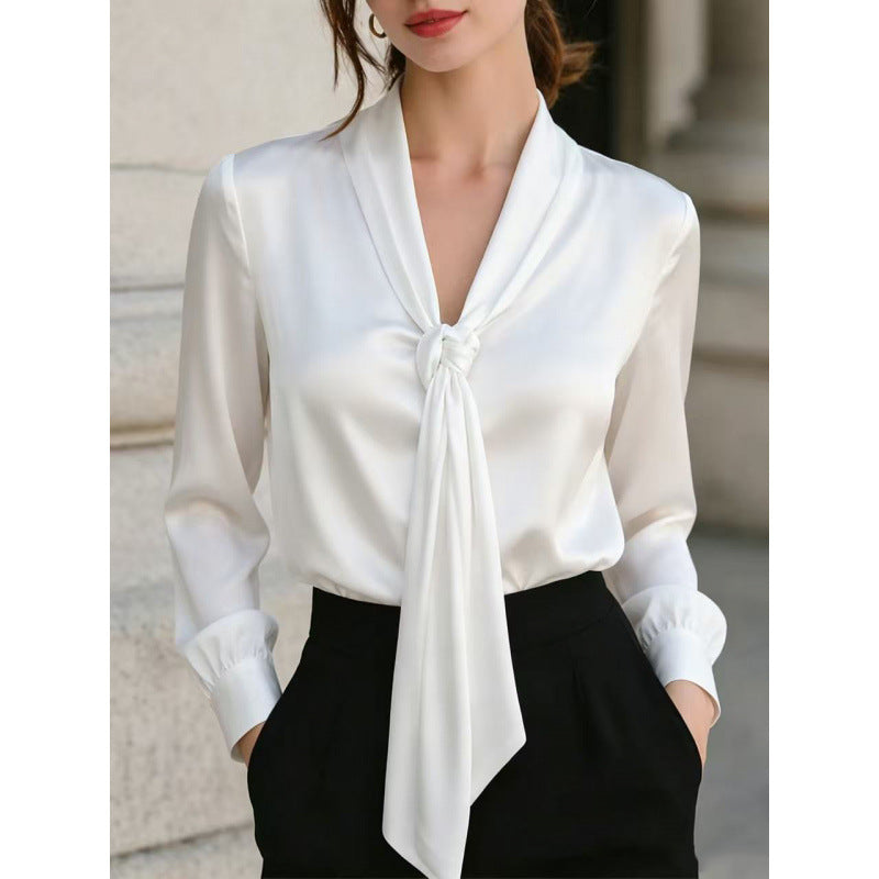 Solid Satin Blouse Elegant Tie Neck Long Sleeve