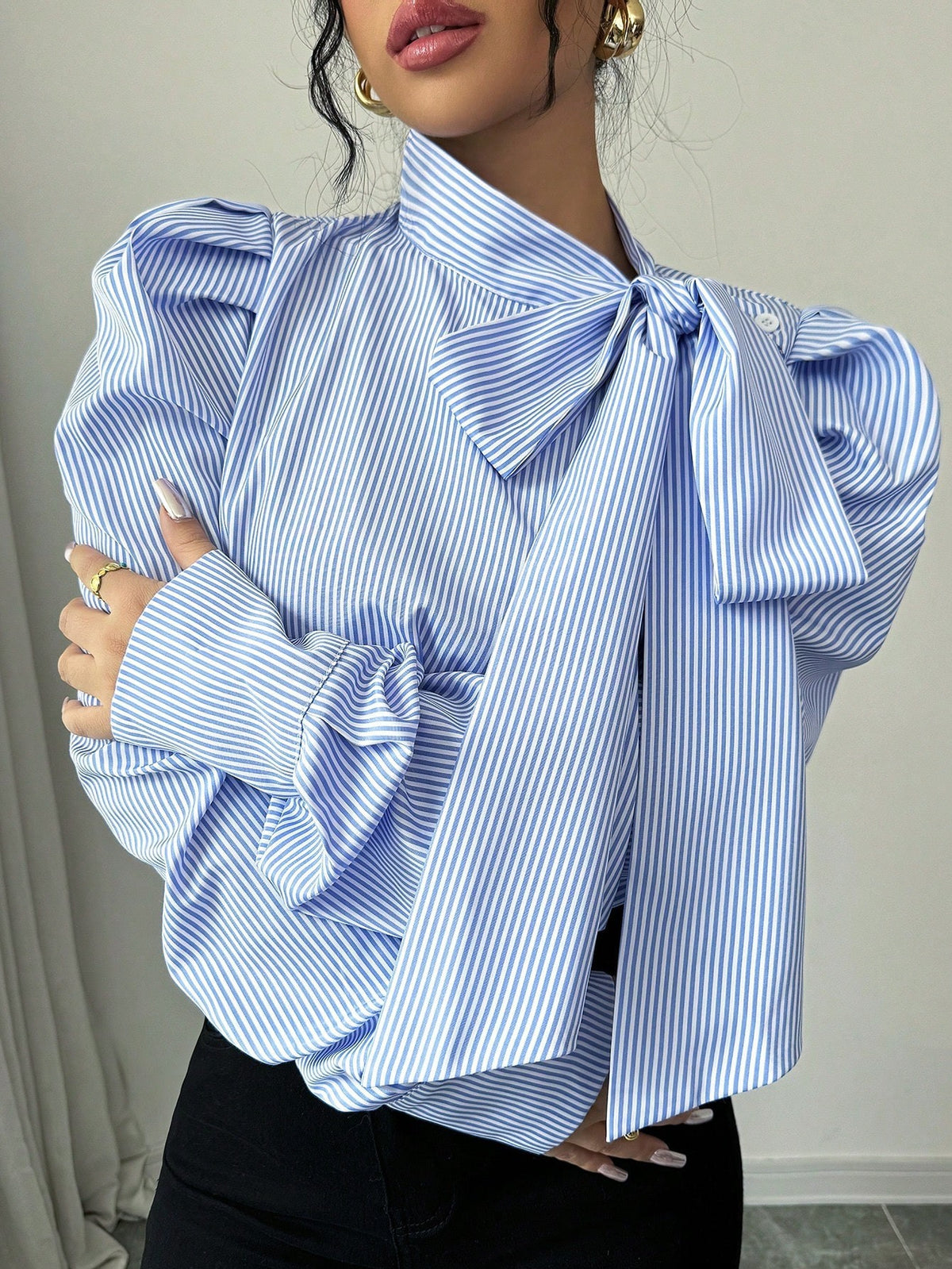 Striped Tie Neck Puff Sleeve Blouse Top