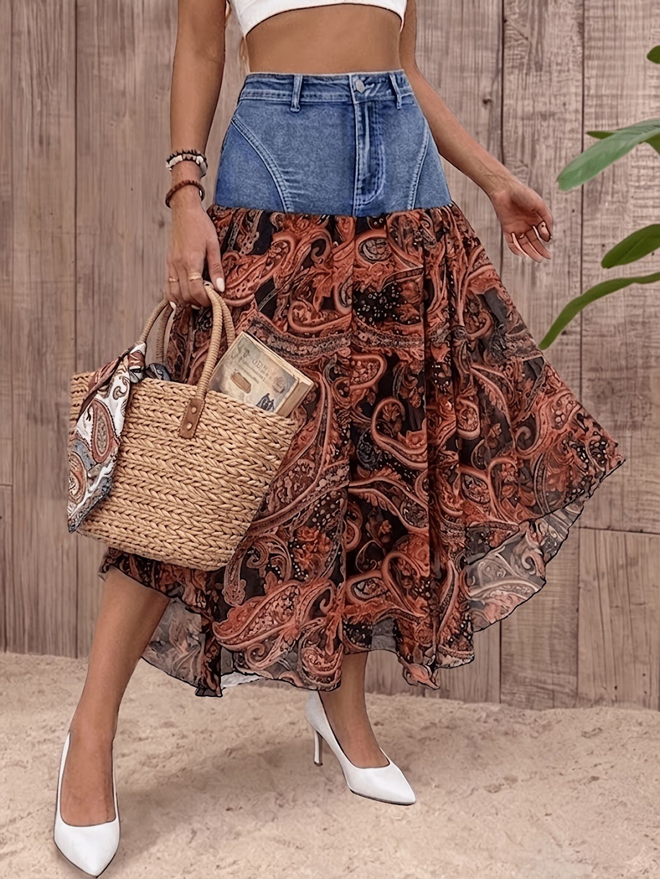 Paisley Chiffon Maxi Skirt Denim Yoke Asymmetrical Hem