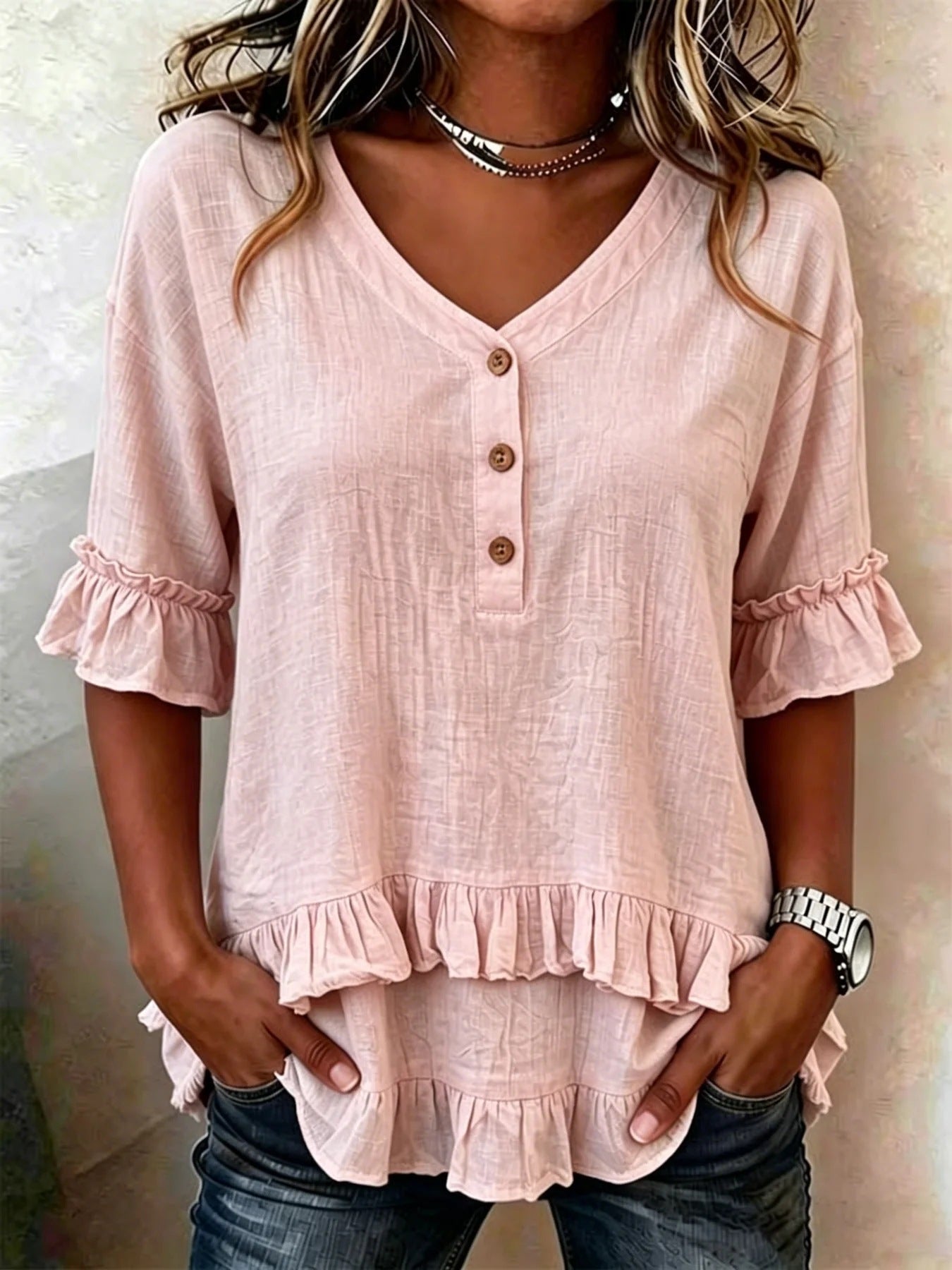 Ruffle Hem V-Neck Blouse with Short Flounce Sleeves