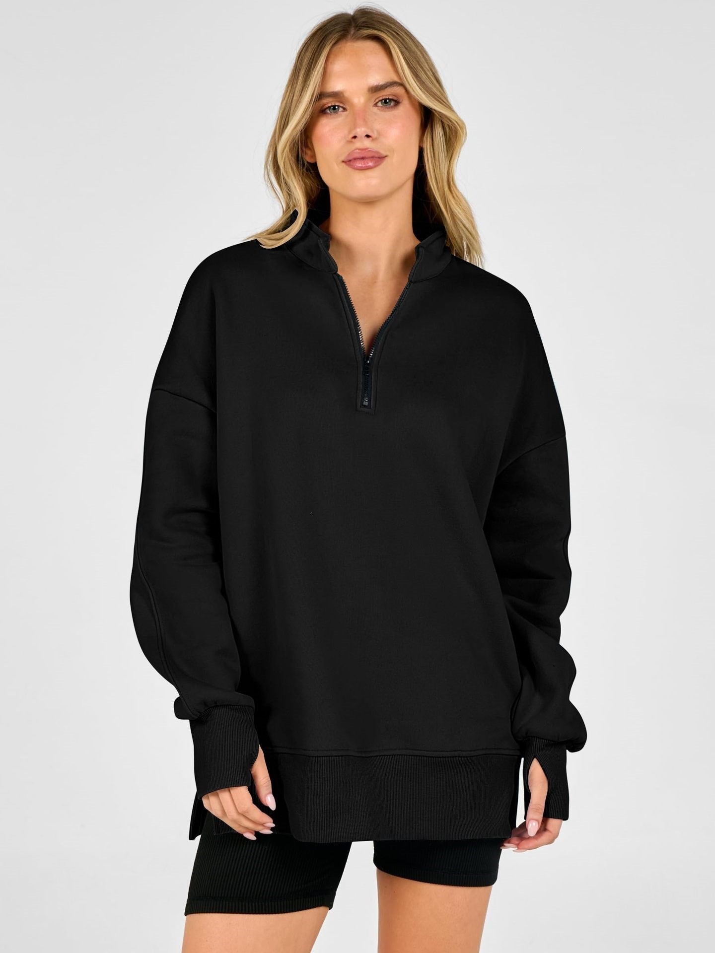 Half Zip Oversized Pullover Sweatshirt Side Slit Casual Top